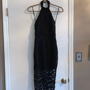 Black lace halter midi dress